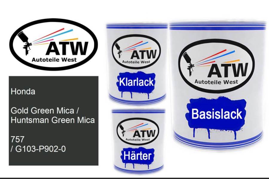 Honda, Gold Green Mica / Huntsman Green Mica, 757 / G103-P902-0: 1L Lackdose + 1L Klarlack + 500ml Härter - Set, von ATW Autoteile West.